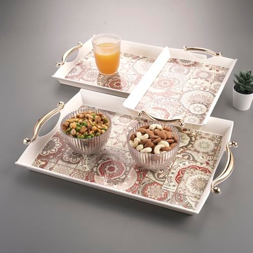 Nayasa Regency Plastic Rectangular Serving Tray Set of 3 (Small, Medium, Big) | Kitchen Tray for Serving Tea, Coffee, Snacks | Multi Purpose Serveware | Beige - Image 1