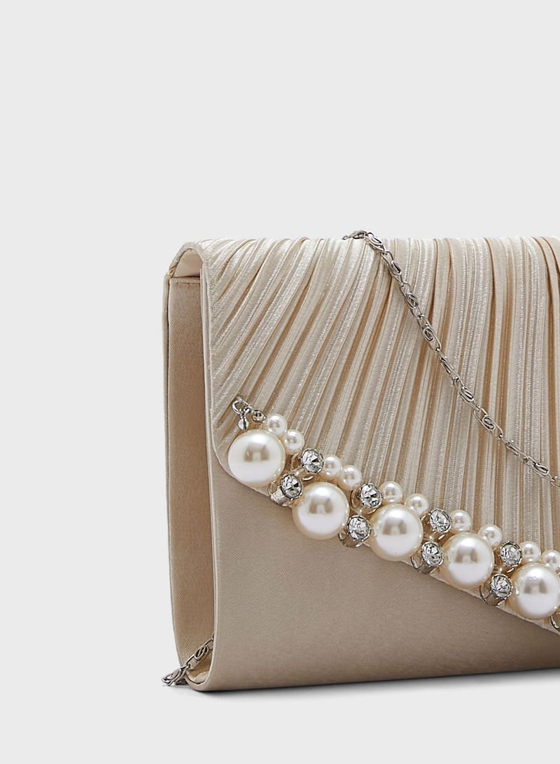 Ella Limited Edition Pearl Trim Pleated Satin Evening Clutch Bag - Image 3