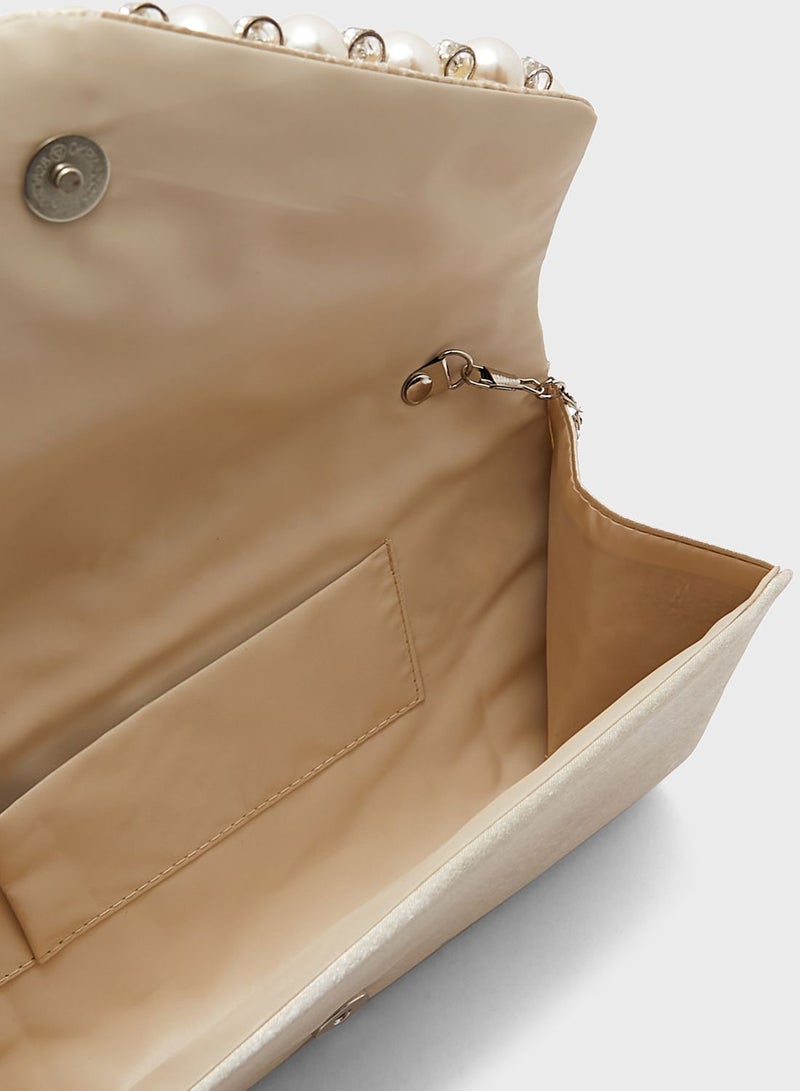 Ella Limited Edition Pearl Trim Pleated Satin Evening Clutch Bag - Image 5