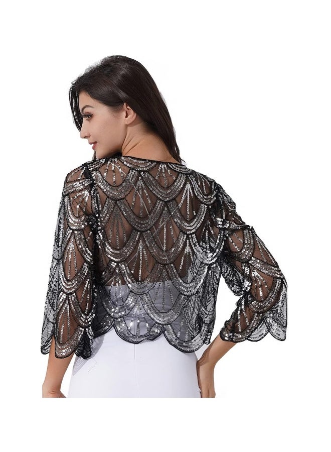 Women 1920s Sequined Shawl Wraps, Long Sleeve Evening Cape Flapper Bolero Shrug, Women's Sequin Beaded Art Deco Vintage Shawl Bolero Wraps - Image 2