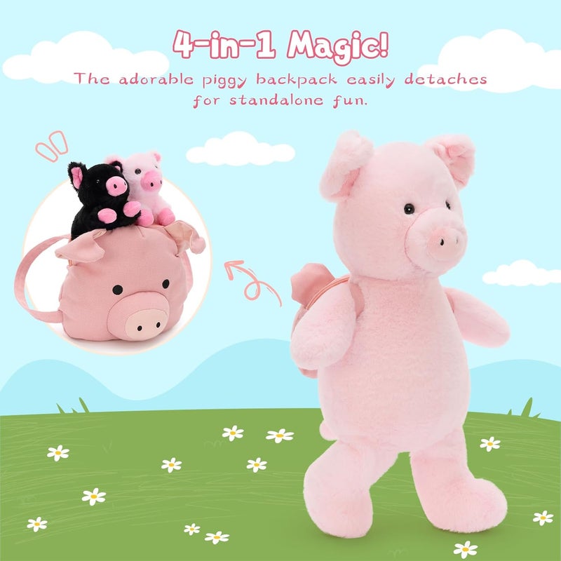 MorisMos 4 Pieces Pig Cuddly Toy XXL Set, 53cm Pink Giant Pig Cuddly Toy with 2 Piglets Babies in Backpack, Large Plush Toy Stuffed Animal, as Birthday Gift for Children Baby - Image 3