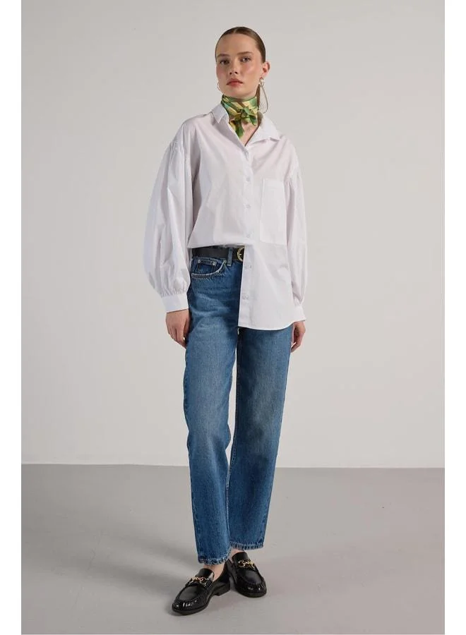 mina aise Women's White Pleated Pocket Detailed Oversized Shirt 30062.