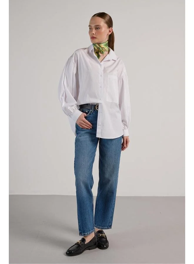 mina aise Women's White Pleated Pocket Detailed Oversized Shirt 30062.
