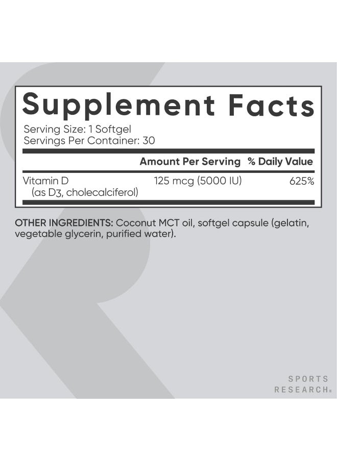 SPORTS RESEARCH - Sports Research Vitamin D3 5000 IU with Coconut MCT Oil - High Potency Vitamin D Supplement for Immune & Bone Support - Non-GMO Verified, Gluten & Soy Free 125mcg, 30 Liquid Softgels - Image 1