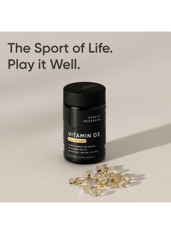 SPORTS RESEARCH - Sports Research Vitamin D3 5000 IU with Coconut MCT Oil - High Potency Vitamin D Supplement for Immune & Bone Support - Non-GMO Verified, Gluten & Soy Free 125mcg, 30 Liquid Softgels - Image 1