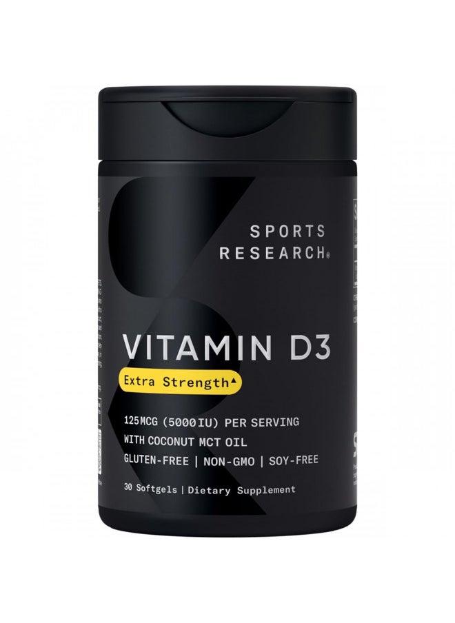 SPORTS RESEARCH - Sports Research Vitamin D3 5000 IU with Coconut MCT Oil - High Potency Vitamin D Supplement for Immune & Bone Support - Non-GMO Verified, Gluten & Soy Free 125mcg, 30 Liquid Softgels - Image 1