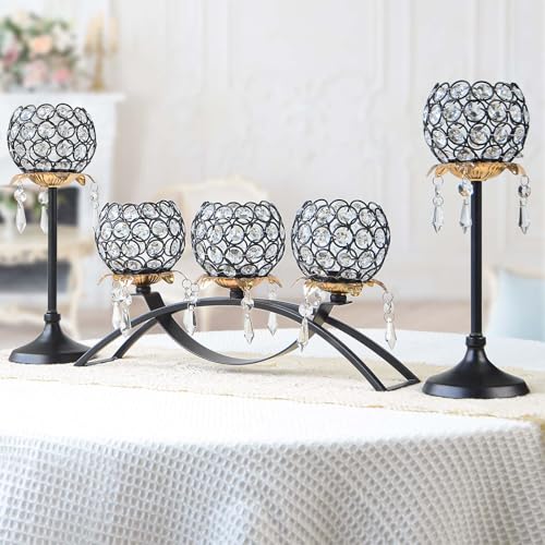 Kehail Set of 3 Crystal Tea Light Candlestick Holders Flower Shape with Crystal Pendant Bowl Votive Metal Candle Holder for Table Centerpieces Wedding Home Decor (Black+Gold) - Image 2