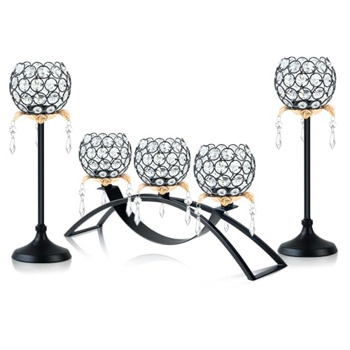 Kehail Set of 3 Crystal Tea Light Candlestick Holders Flower Shape with Crystal Pendant Bowl Votive Metal Candle Holder for Table Centerpieces Wedding Home Decor (Black+Gold) - Image 1