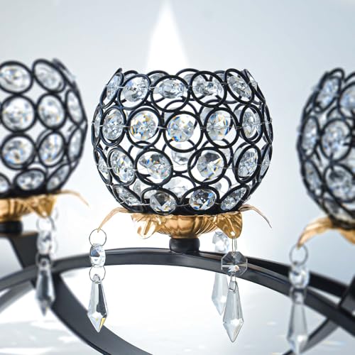 Kehail Set of 3 Crystal Tea Light Candlestick Holders Flower Shape with Crystal Pendant Bowl Votive Metal Candle Holder for Table Centerpieces Wedding Home Decor (Black+Gold) - Image 4