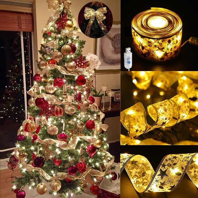 CHRISTMAS TREE DECORATIONS LIGHTS 32FT 100 LED LIGHTS COPPER WIRE RIBBON BOWS LIGHTS FOR PARTY WEDDINGS HOLIDAY CHRISTMAS TREE DECORATIONS WIDTH 63CM GOLD WARM LIGHT