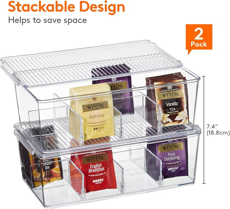 Lifewit 2 Pack Plastic Stackable Tea Bag Organizer, Divided Storage Bin Box for Kitchen Cabinets, Countertops, Pantry, Hold Coffee Pods, Sugar Packets, Condiments, 8 Sections - Image 3