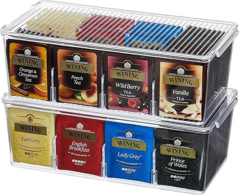 Lifewit 2 Pack Plastic Stackable Tea Bag Organizer, Divided Storage Bin Box for Kitchen Cabinets, Countertops, Pantry, Hold Coffee Pods, Sugar Packets, Condiments, 8 Sections - Image 1