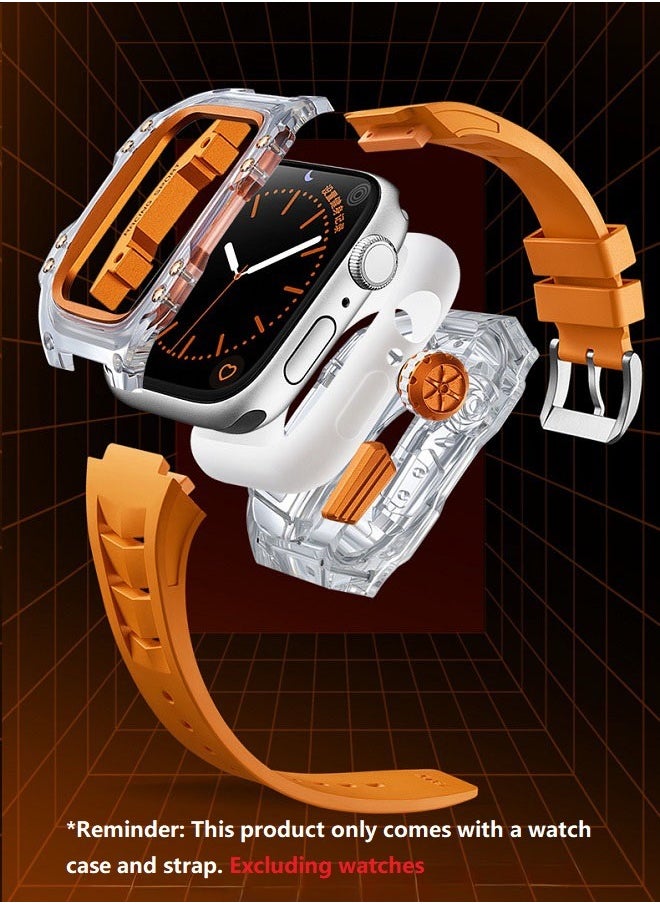 Fluororubber Strap with 316L stainless steel for Apple Watch 44/45 , Luxury Super racing elements refit Kit for Apple iWatch series 9 8 7 SE 6 5 4, golden（Not Watch）