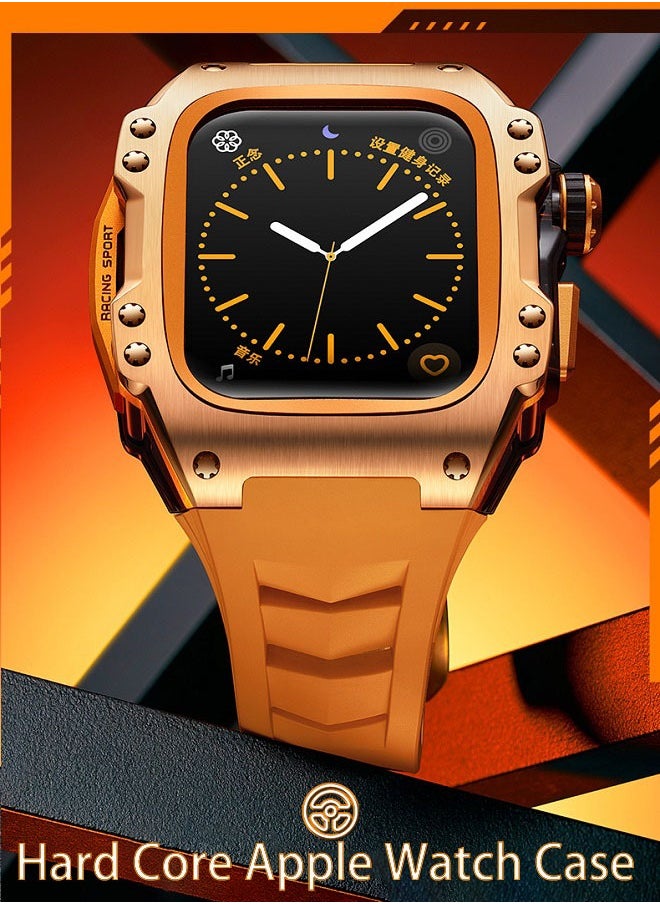 Fluororubber Strap with 316L stainless steel for Apple Watch 44/45 , Luxury Super racing elements refit Kit for Apple iWatch series 9 8 7 SE 6 5 4, golden（Not Watch）