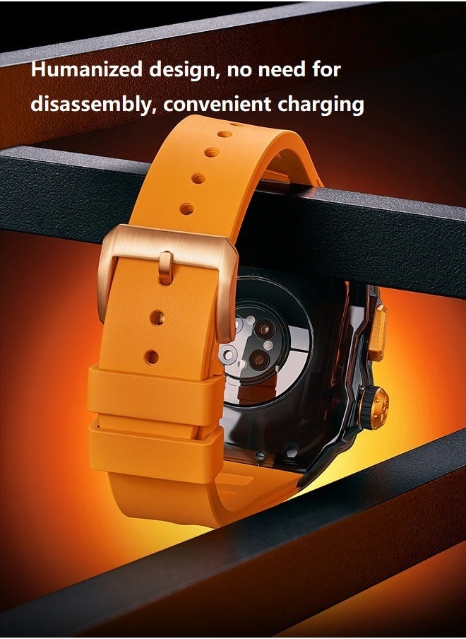 Fluororubber Strap with 316L stainless steel for Apple Watch 44/45 , Luxury Super racing elements refit Kit for Apple iWatch series 9 8 7 SE 6 5 4, golden（Not Watch）