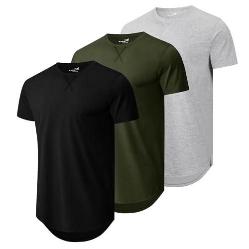 TEZO Mens 3 Pack Plain Cotton Shirts Short Sleeve Casual Crew Neck T-Shirts Hipster Hip Hop Longline Tees Shirts Drop Cut Curved Hem Shirt (BKLGAG L) - Image 1