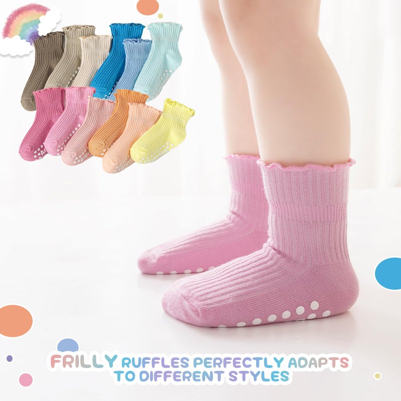 Aroveea Baby Toddler Girls Socks Grip Ruffle Non Slip Girls Cotton 12 Pack Socks for 1-3T Kids Cute Ankle 6M-7Years - Image 5
