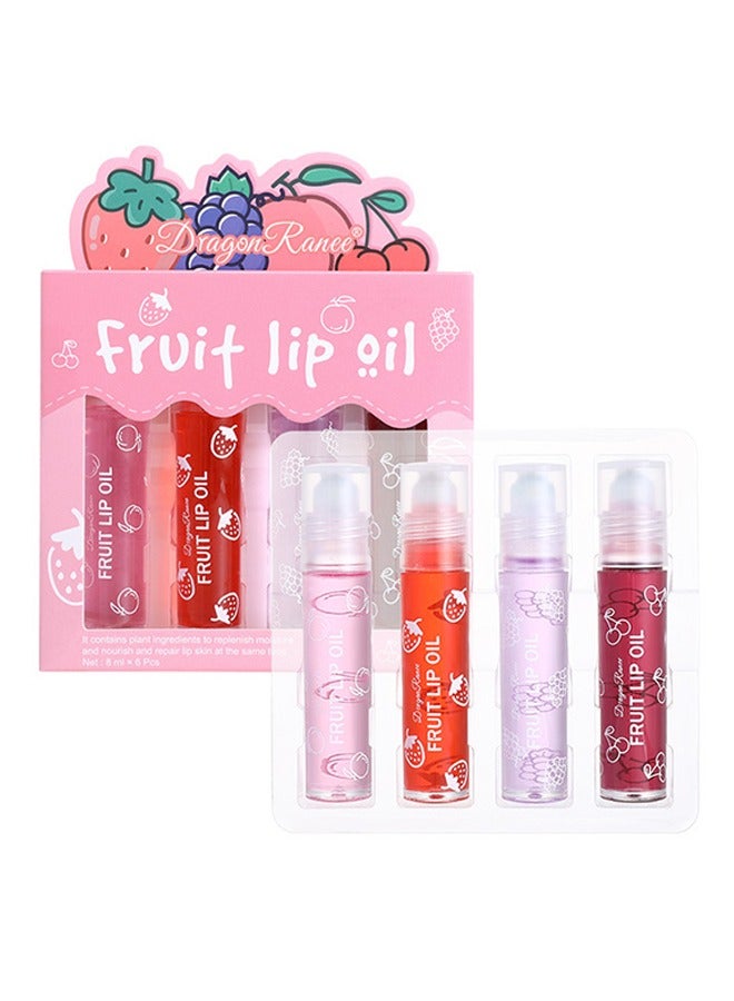 Dragon Ranee Fruit Lip Oil- Set 4PCS, Long Lasting Moisturizing Lip Balm, Roll-On Lip Gloss, Fruity Flavor Glossy Lip Make up for All Ages, Transparent Lip Gloss，Lips Gift Sets - Image 1
