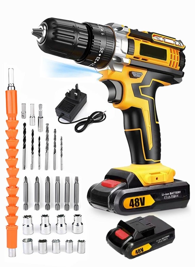 ALongDeng 48V Cordless Drill Set Power Drill Kit with 1PCS Battery 25 Position 2 Variable Speed 3/8'' Keyless Chuck Fast Charger and 24 Pcs Accessories with Case - Image 1