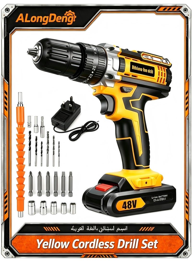 ALongDeng 48V Cordless Drill Set Power Drill Kit with 1PCS Battery 25 Position 2 Variable Speed 3/8'' Keyless Chuck Fast Charger and 24 Pcs Accessories with Case - Image 1