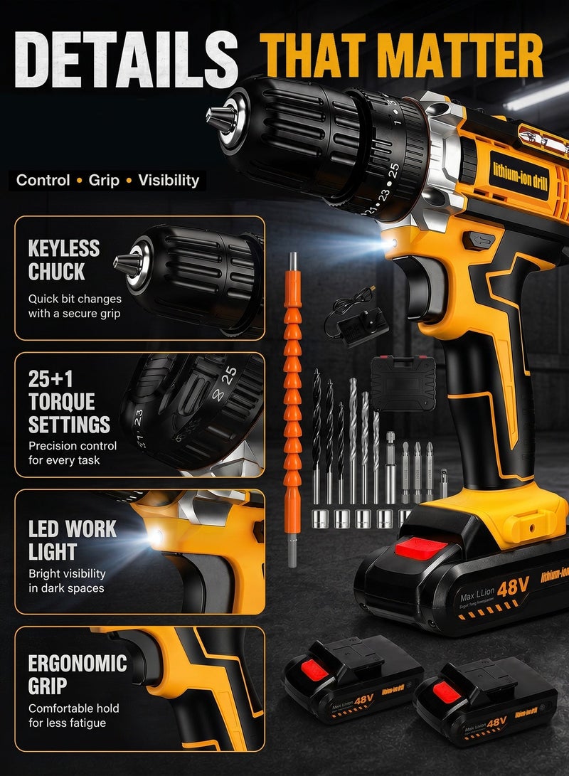 ALongDeng 48V Cordless Drill Set Power Drill Kit with 1PCS Battery 25 Position 2 Variable Speed 3/8'' Keyless Chuck Fast Charger and 24 Pcs Accessories with Case - Image 4