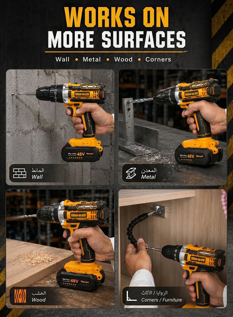 ALongDeng 48V Cordless Drill Set Power Drill Kit with 1PCS Battery 25 Position 2 Variable Speed 3/8'' Keyless Chuck Fast Charger and 24 Pcs Accessories with Case - Image 2