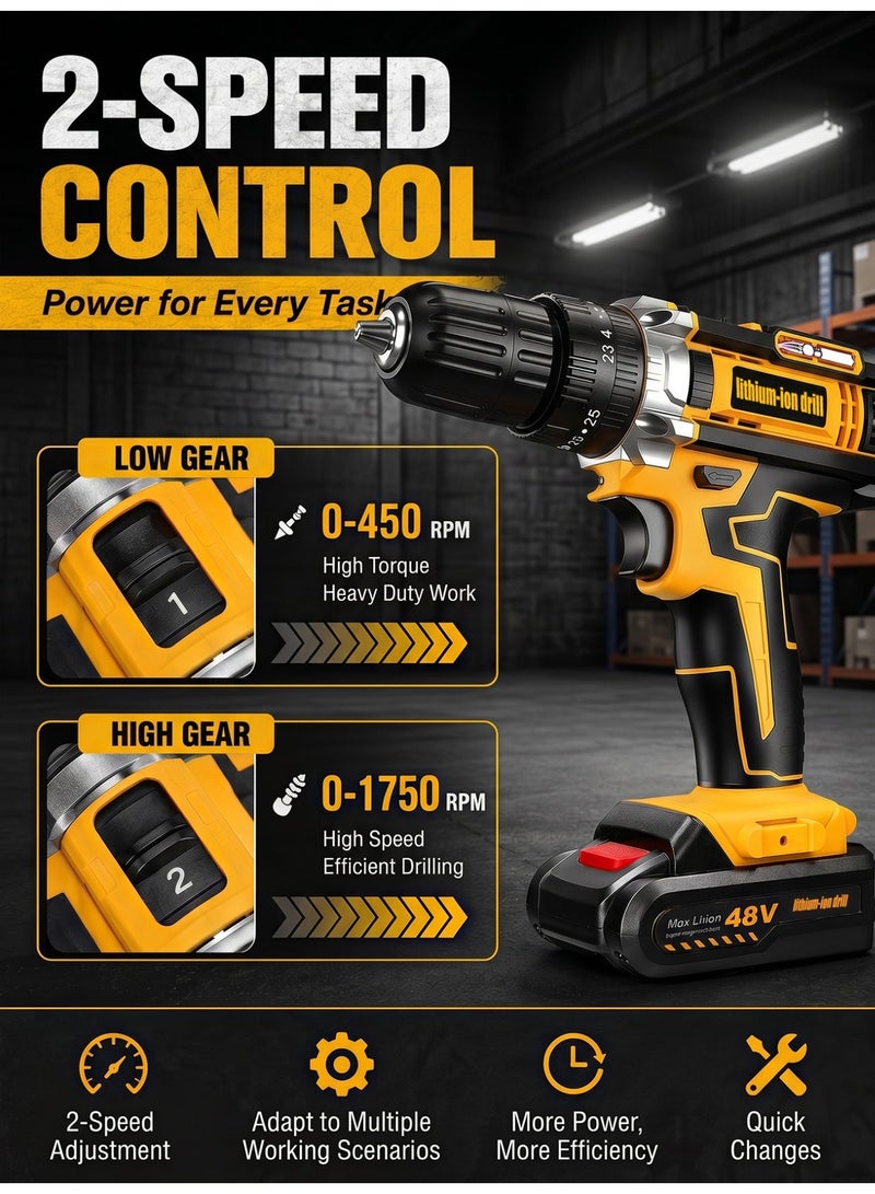 ALongDeng 48V Cordless Drill Set Power Drill Kit with 1PCS Battery 25 Position 2 Variable Speed 3/8'' Keyless Chuck Fast Charger and 24 Pcs Accessories with Case - Image 5