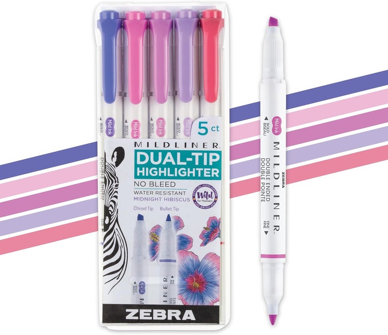 Zebra Pen مجموعة أقلام تمييز مزدوجة الطرف Mildliner، أطراف عريضة ودقيقة، لا تسرب، مثالية لتظليل الكتاب المقدس، وتدوين الملاحظات، وتدوين اليوميات، بألوان حبر ه hibiscus منتصف الليل المتنوعة، 5 قطع (78375) - Image 1