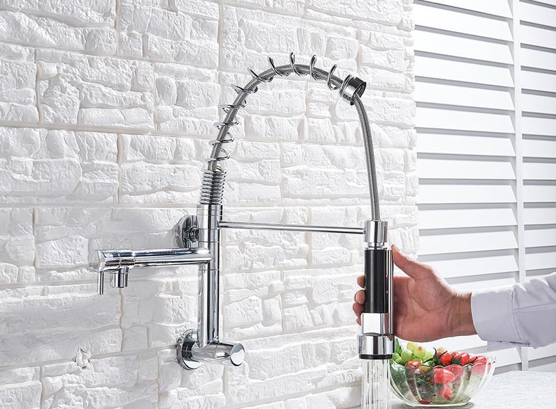 B Backline Brass Wall Mount Sink Tap with 2 Spout, Kitchen Sink Tap Pull-Out Sprayer Faucet Single Lever Kitchen Faucet-Kitchen Water Tap (Chrome) - Image 1