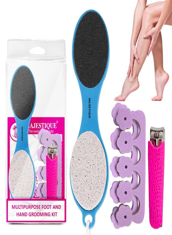 Majestique Multipurpose Foot and Hand Grooming Kit | 4 in 1 Foot Scrub Tool | Nail Cutter for Thick Nails | Foot Finger Separator | Foot File Scrubber - 3Pcs/Multicolour - Image 1