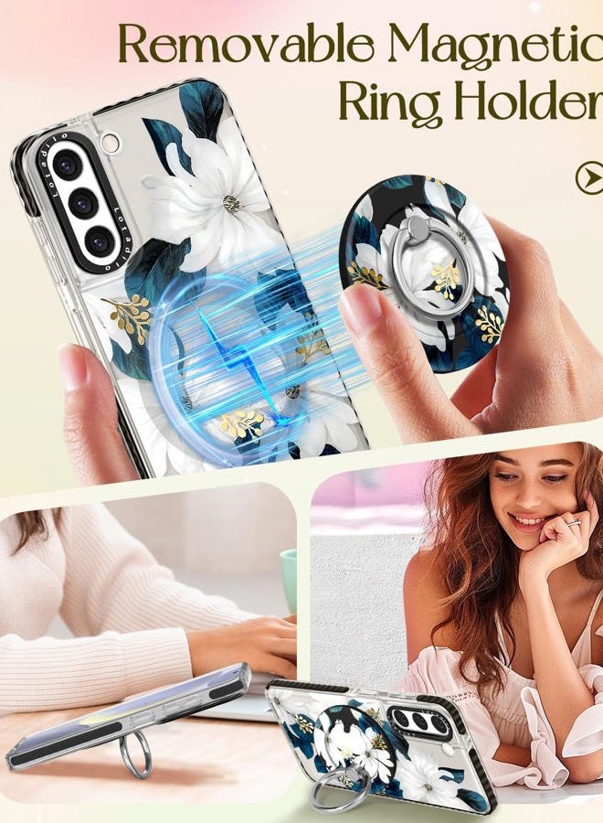 LOTADILO Cute Case for Samsung Galaxy S21 for Women Girls - Funny Design Compatible with Magsafe Magnetic Ring Holder Kickstand Art Blue Flower Fashion Pattern TPU Phone Covers - Image 4