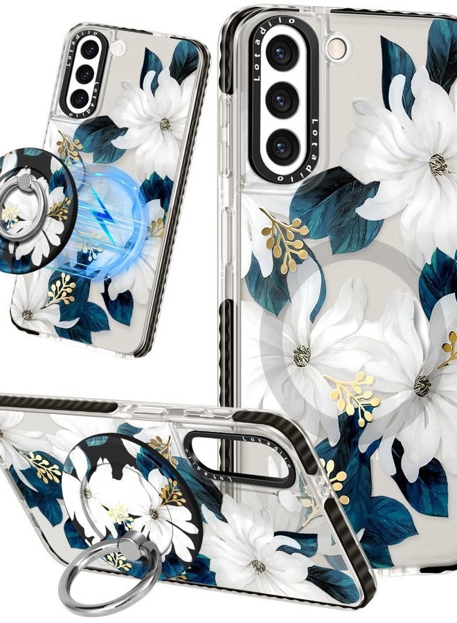 LOTADILO Cute Case for Samsung Galaxy S21 for Women Girls - Funny Design Compatible with Magsafe Magnetic Ring Holder Kickstand Art Blue Flower Fashion Pattern TPU Phone Covers - Image 1