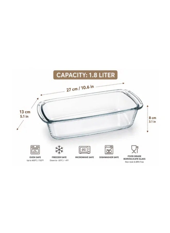 Danny Home Borosilicate Glass Baking Dish with Handles, 1.8L (27 x 13 x 8 cm / 10.6 x 5.1 x 3.1 in), Oven Safe Rectangular Bakeware Dish - Image 2