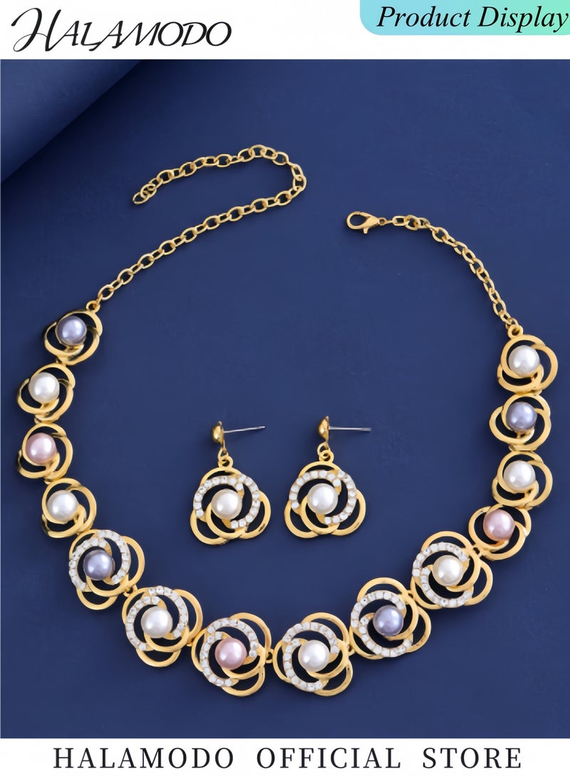 HALAMODO Women's Necklace Earrings Set Saturn Ring Alloy Pearl Necklace Trendy Jewelry Set Pearl Gold Plated Simple Elegant Bridal Necklace Earring Jewelry Sets  - Image 2