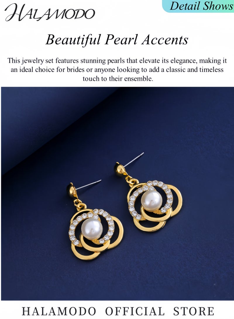 HALAMODO Women's Necklace Earrings Set Saturn Ring Alloy Pearl Necklace Trendy Jewelry Set Pearl Gold Plated Simple Elegant Bridal Necklace Earring Jewelry Sets  - Image 4