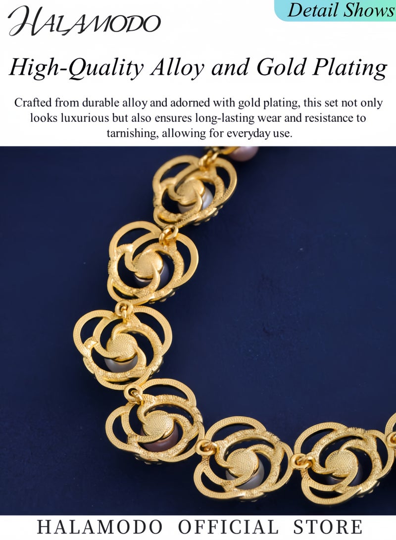 HALAMODO Women's Necklace Earrings Set Saturn Ring Alloy Pearl Necklace Trendy Jewelry Set Pearl Gold Plated Simple Elegant Bridal Necklace Earring Jewelry Sets  - Image 3