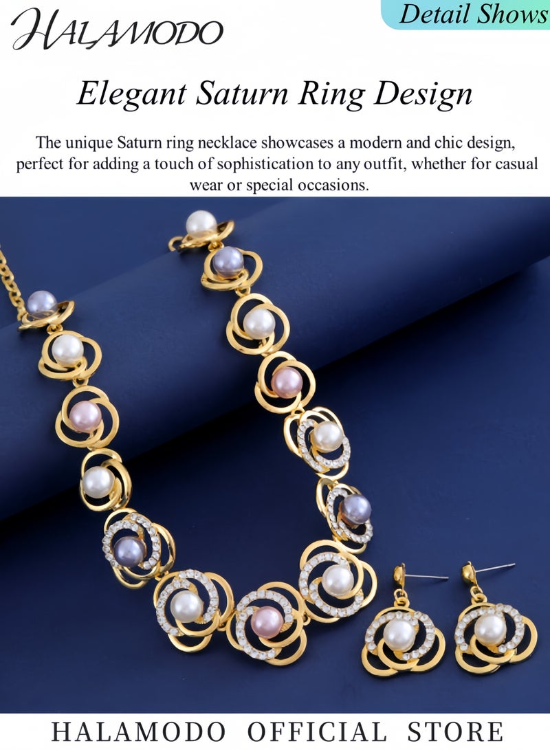 HALAMODO Women's Necklace Earrings Set Saturn Ring Alloy Pearl Necklace Trendy Jewelry Set Pearl Gold Plated Simple Elegant Bridal Necklace Earring Jewelry Sets  - Image 5