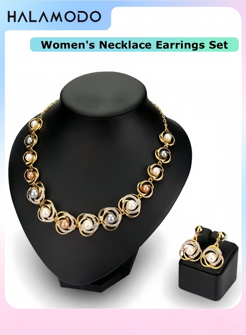 Women's Necklace Earrings Set Saturn Ring Alloy Pearl Necklace Trendy Jewelry Set Pearl Gold Plated Simple Elegant Bridal Necklace Earring Jewelry Sets - Image 1