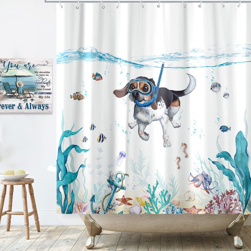 Lifeella Funny Dog Shower Curtain Teal Blue Sea Ocean Waterproof Fabric Shower Curtains for Bathroom with Animal Octopus Starfish Turtle Anchor Fish Nautical Bathroom Curtain (Dog) - Image 3