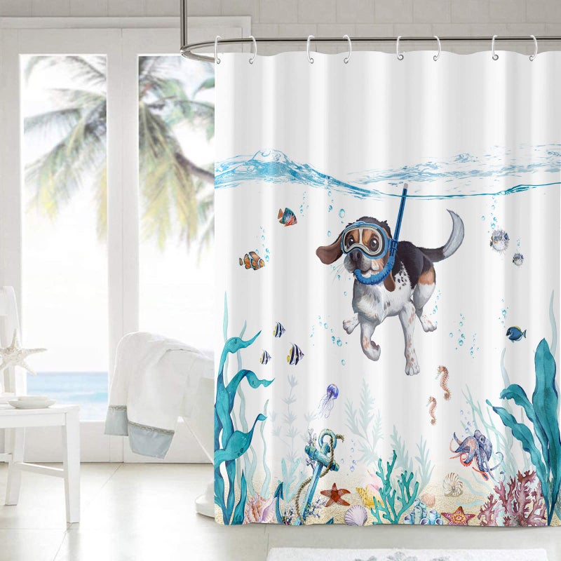 Lifeella Funny Dog Shower Curtain Teal Blue Sea Ocean Waterproof Fabric Shower Curtains for Bathroom with Animal Octopus Starfish Turtle Anchor Fish Nautical Bathroom Curtain (Dog) - Image 4