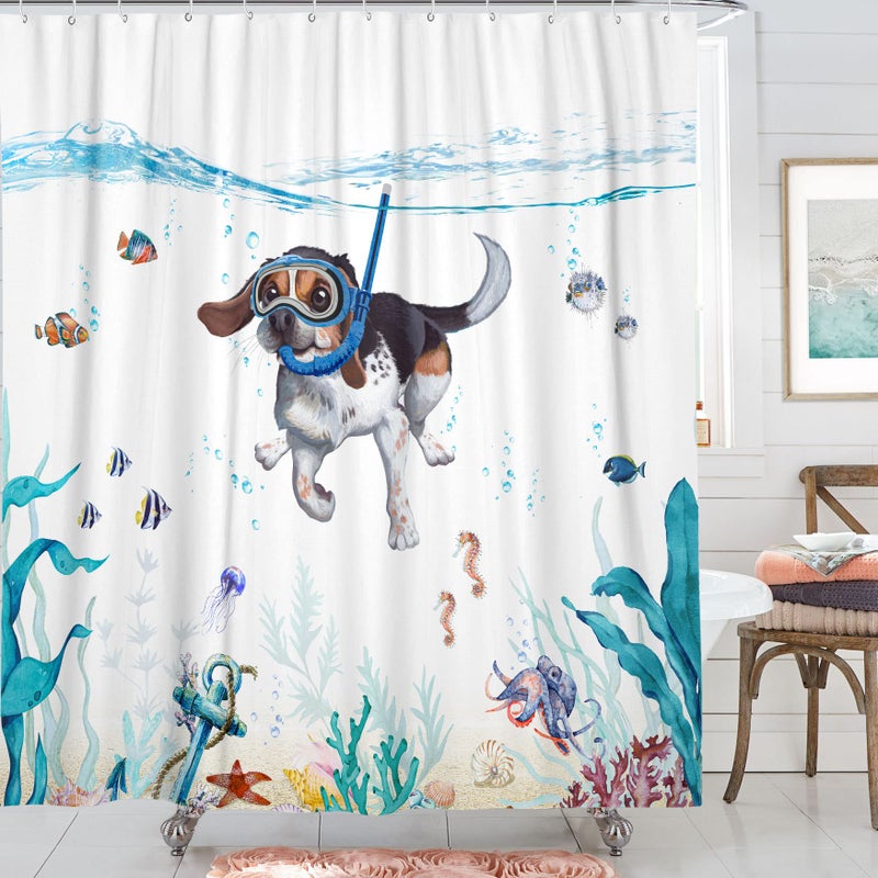 Lifeella Funny Dog Shower Curtain Teal Blue Sea Ocean Waterproof Fabric Shower Curtains for Bathroom with Animal Octopus Starfish Turtle Anchor Fish Nautical Bathroom Curtain (Dog) - Image 2