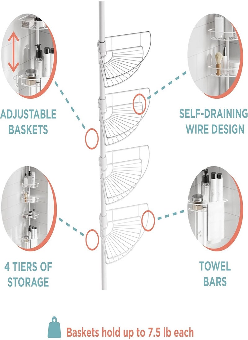 Generic - Tension Pole Shower Caddy with 4 Basket Shelves with Towel Bars, White, 60-97 Inch – Rust-Resistant Corner Shower Organizer – Premium, Adjustable Bathroom Shower Rack for Bath Essentials - Image 1