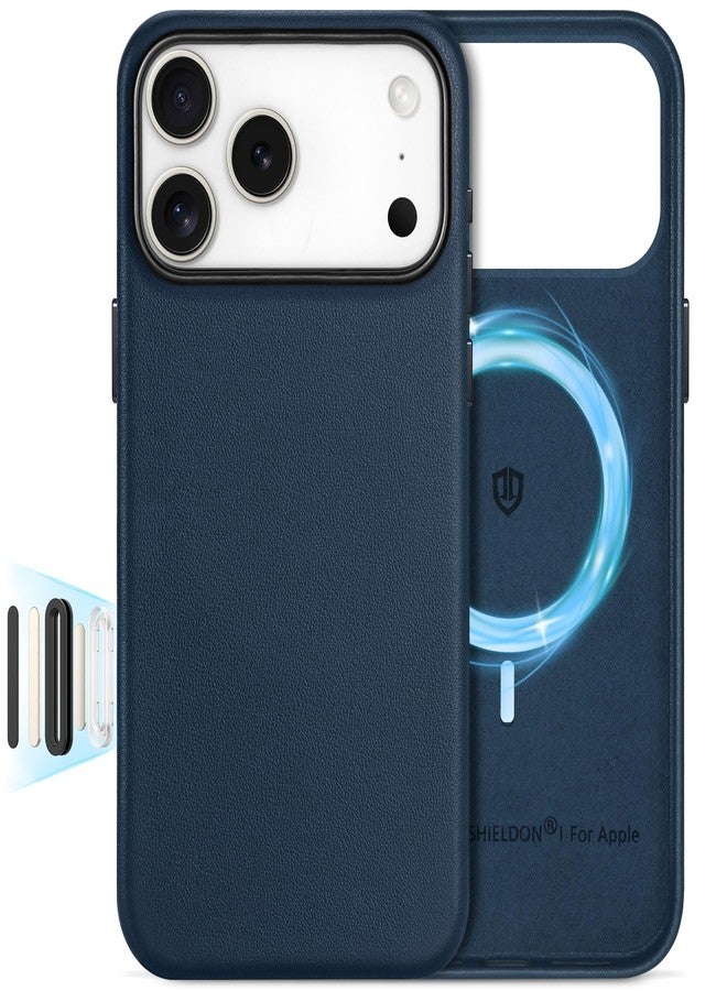 SHIELDON Genuine Leather Case for iPhone 17 Pro Max 6.9-inch 2025, Magnetic Wireless Charging, Slim Fit, Metal Buttons, Non-Slip, Anti-Scratch, Comfort Grip, Protective Cover - Navy Blue - Image 1
