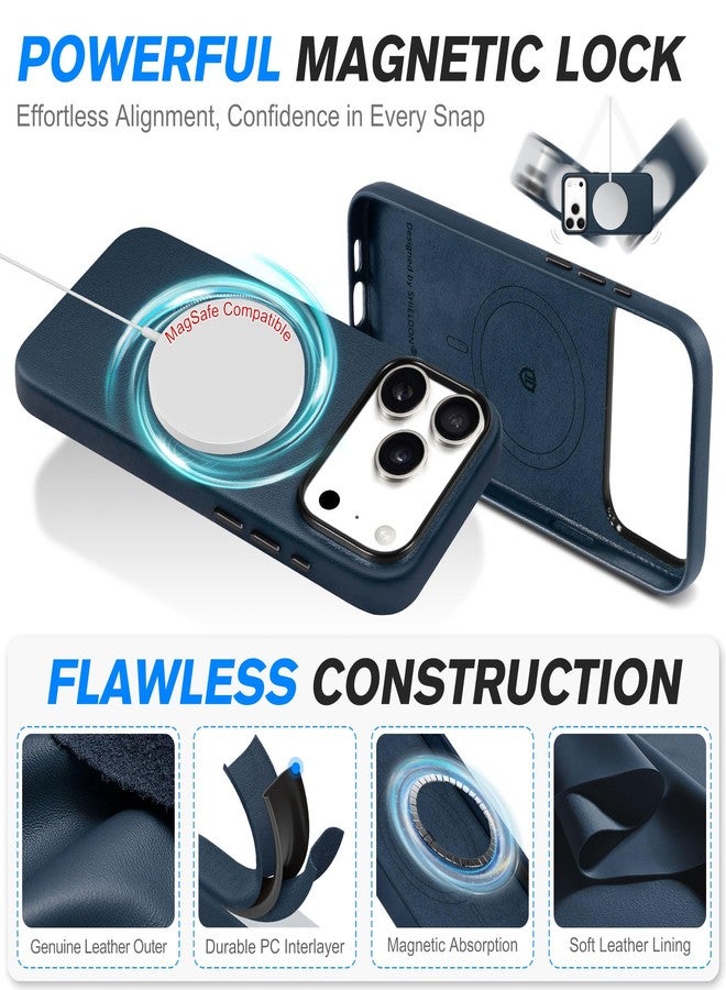 SHIELDON Genuine Leather Case for iPhone 17 Pro Max 6.9-inch 2025, Magnetic Wireless Charging, Slim Fit, Metal Buttons, Non-Slip, Anti-Scratch, Comfort Grip, Protective Cover - Navy Blue - Image 5