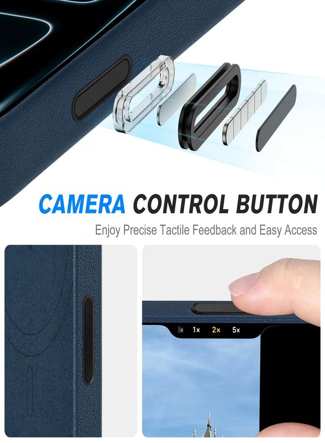 SHIELDON Genuine Leather Case for iPhone 17 Pro Max 6.9-inch 2025, Magnetic Wireless Charging, Slim Fit, Metal Buttons, Non-Slip, Anti-Scratch, Comfort Grip, Protective Cover - Navy Blue - Image 4