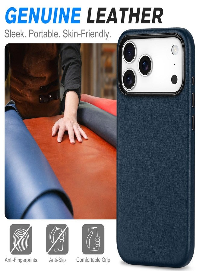 SHIELDON Genuine Leather Case for iPhone 17 Pro Max 6.9-inch 2025, Magnetic Wireless Charging, Slim Fit, Metal Buttons, Non-Slip, Anti-Scratch, Comfort Grip, Protective Cover - Navy Blue - Image 3