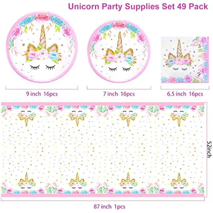 73Hours UNICORN BIRTHDAY DECORATIONS FOR GIRLS, UNICORN DISPOSABLE TABLE PLATES, 16 PCS UNICORN PLATES AND NAPKINS, 1 UNICORN TABLECOVER, UNICORN BIRTHDAY PARTY SUPPLIES - Image 5