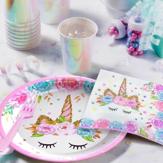 73Hours UNICORN BIRTHDAY DECORATIONS FOR GIRLS, UNICORN DISPOSABLE TABLE PLATES, 16 PCS UNICORN PLATES AND NAPKINS, 1 UNICORN TABLECOVER, UNICORN BIRTHDAY PARTY SUPPLIES - Image 4