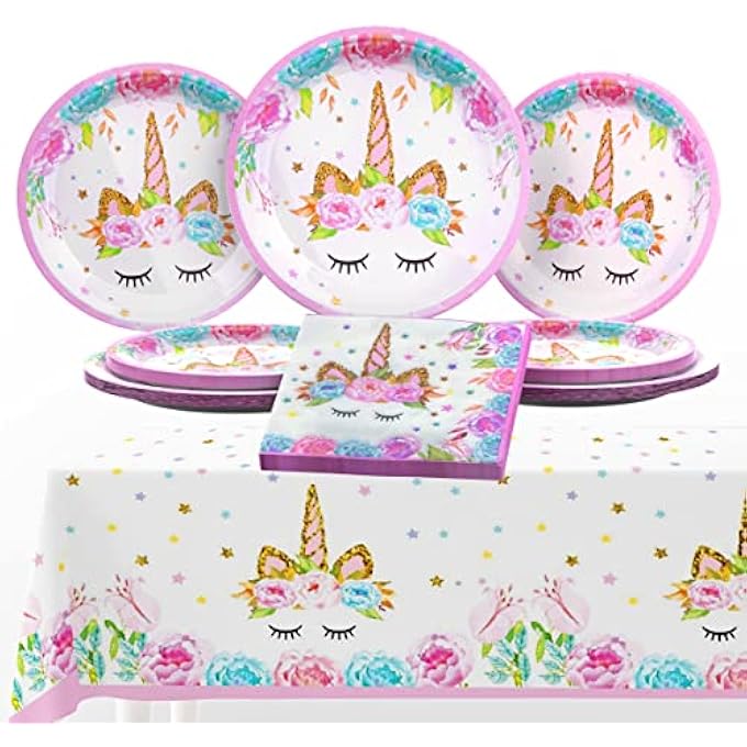 73Hours UNICORN BIRTHDAY DECORATIONS FOR GIRLS, UNICORN DISPOSABLE TABLE PLATES, 16 PCS UNICORN PLATES AND NAPKINS, 1 UNICORN TABLECOVER, UNICORN BIRTHDAY PARTY SUPPLIES - Image 1