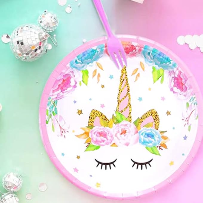 73Hours UNICORN BIRTHDAY DECORATIONS FOR GIRLS, UNICORN DISPOSABLE TABLE PLATES, 16 PCS UNICORN PLATES AND NAPKINS, 1 UNICORN TABLECOVER, UNICORN BIRTHDAY PARTY SUPPLIES - Image 3